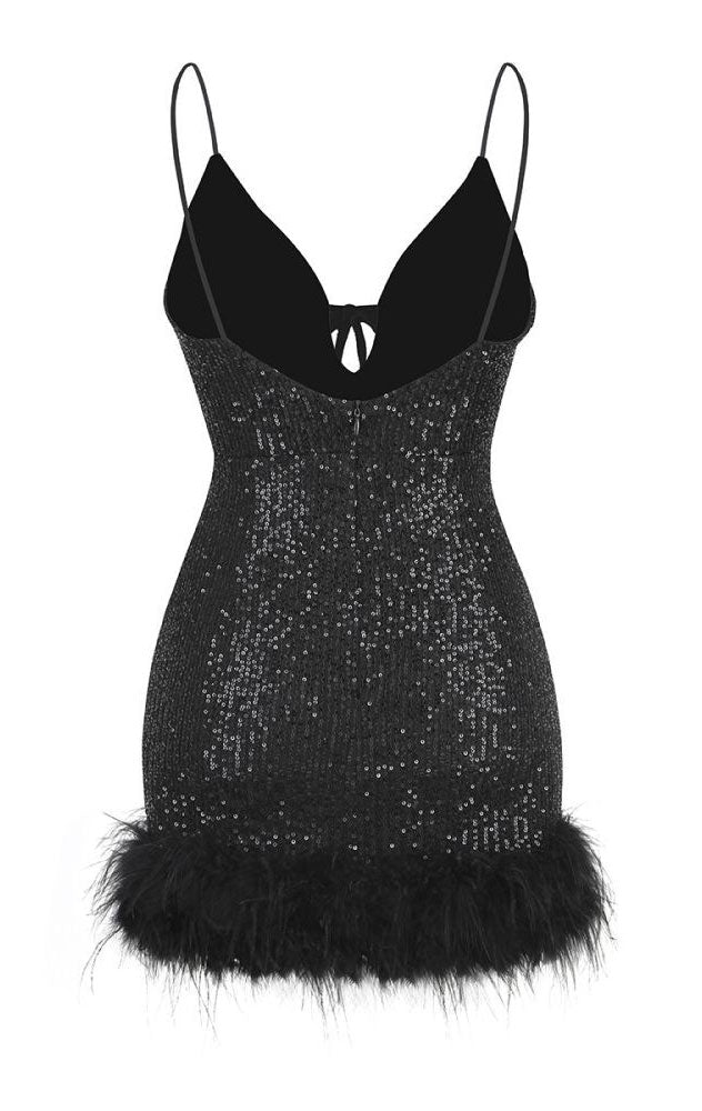 CATARINA SEQUIN FEATHER MINI DRESS - BLACK