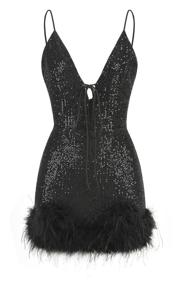 CATARINA SEQUIN FEATHER MINI DRESS - BLACK