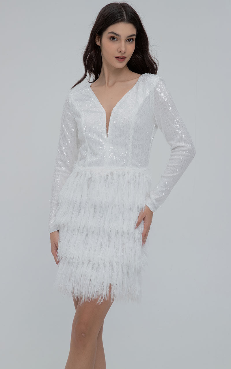 CHARLOTTE SEQUIN FEATHER MINI DRESS - WHITE