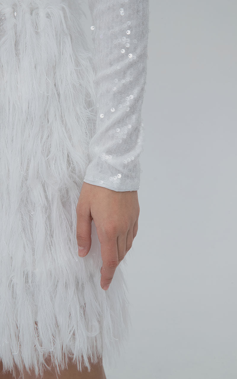 CHARLOTTE SEQUIN FEATHER MINI DRESS - WHITE