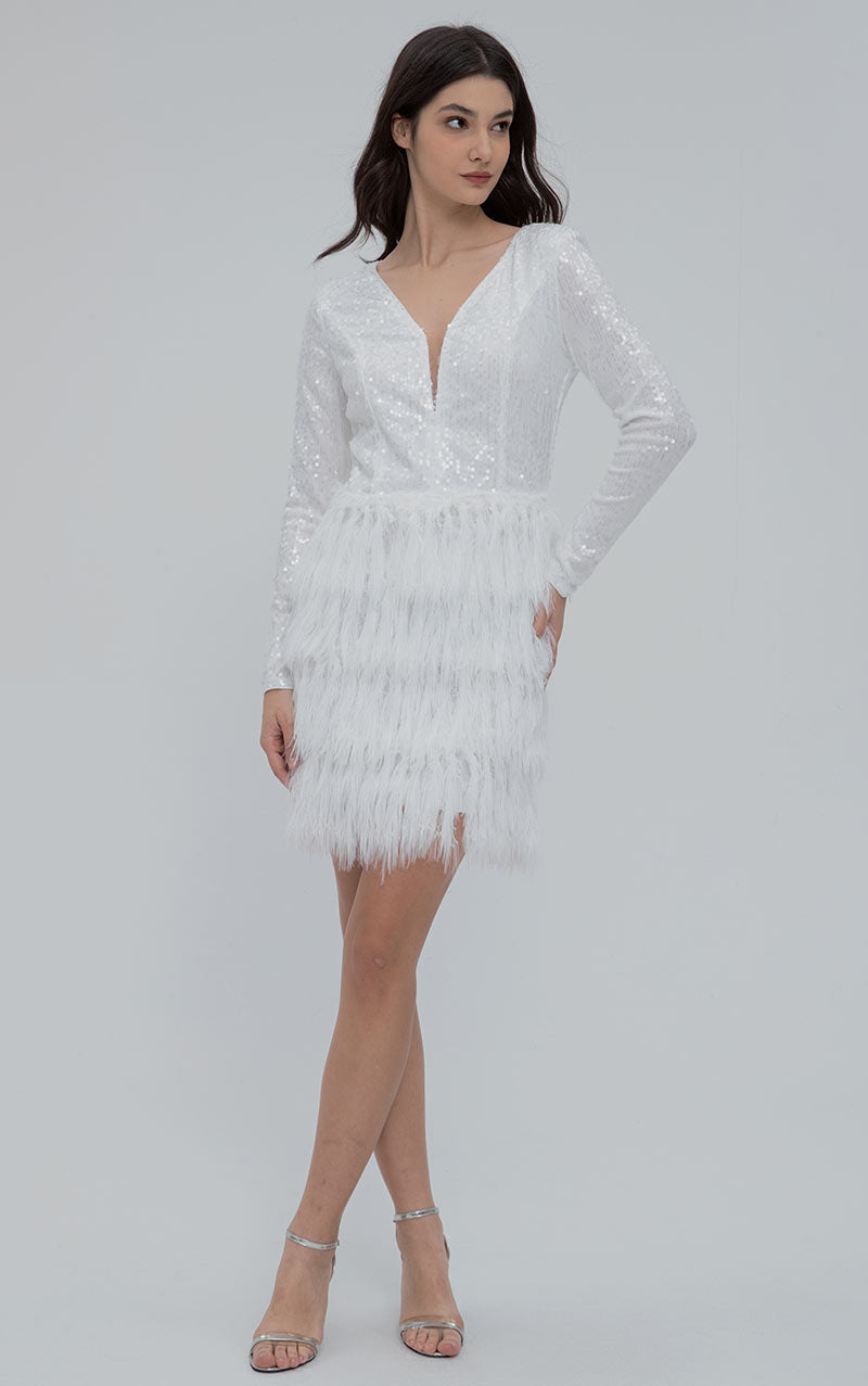 CHARLOTTE SEQUIN FEATHER MINI DRESS - WHITE