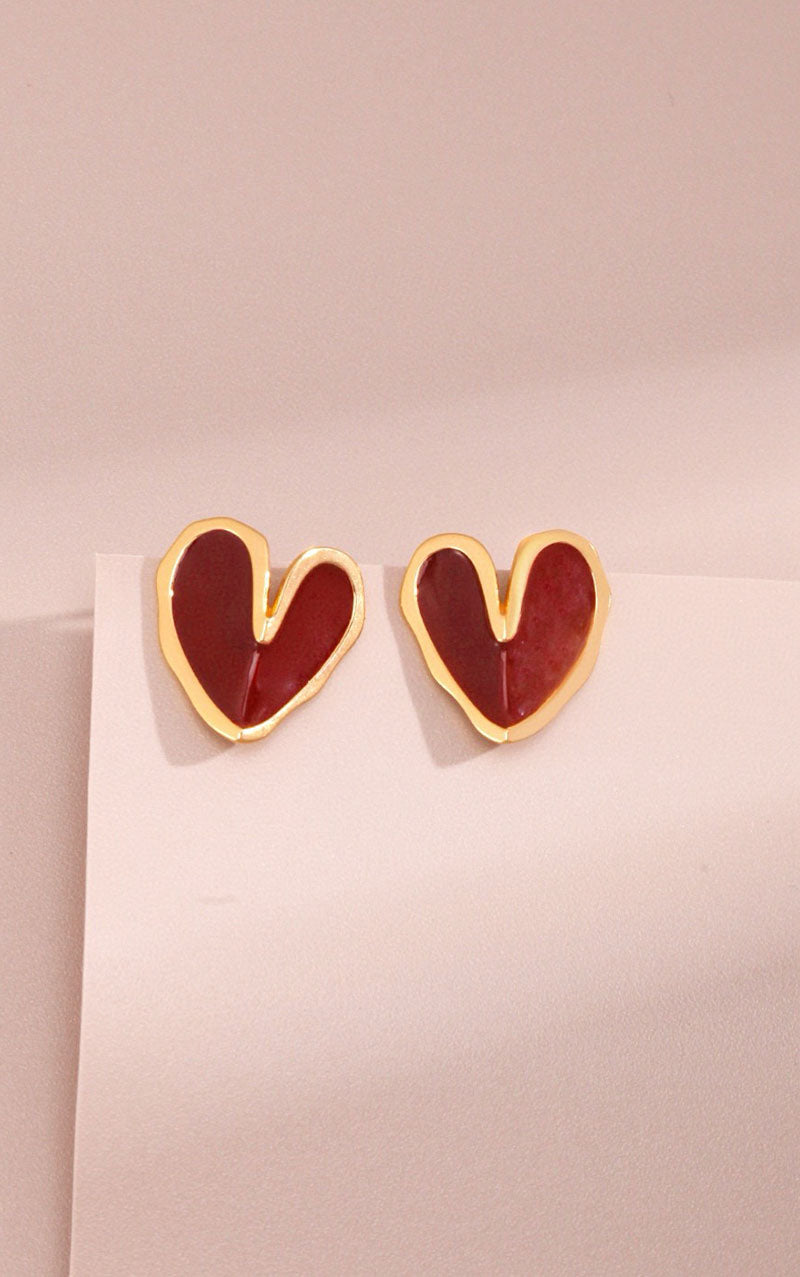 18K GOLD RED GLAZE HEART BADGE EARRING