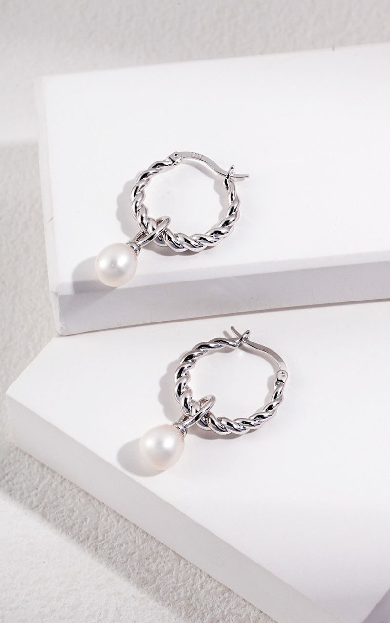 925 STERLING SLIVER PEARL HOOP EARRING