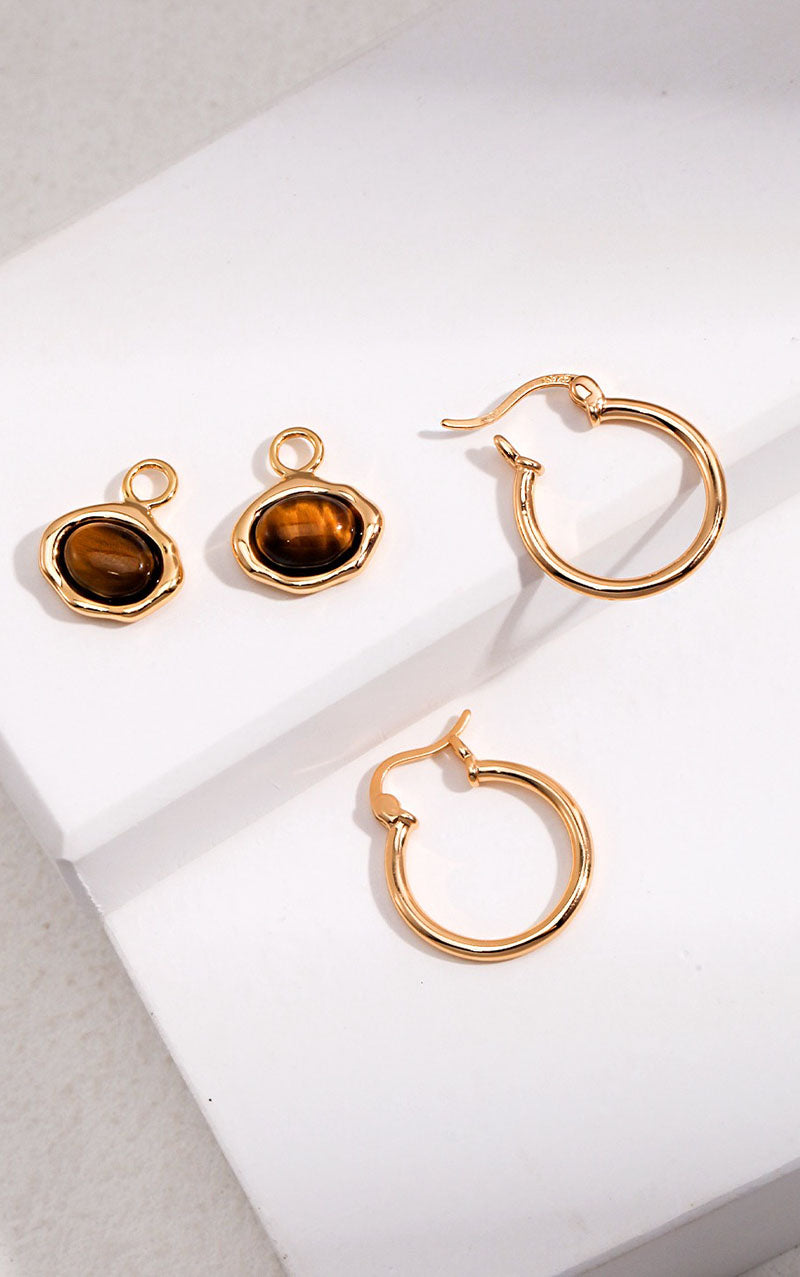 18K GOLD TIGER EYE HOOP EARRING