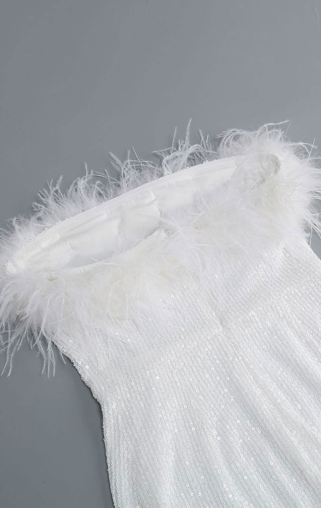 ELENA SEQUIN FEATHER MINI DRESS - WHITE