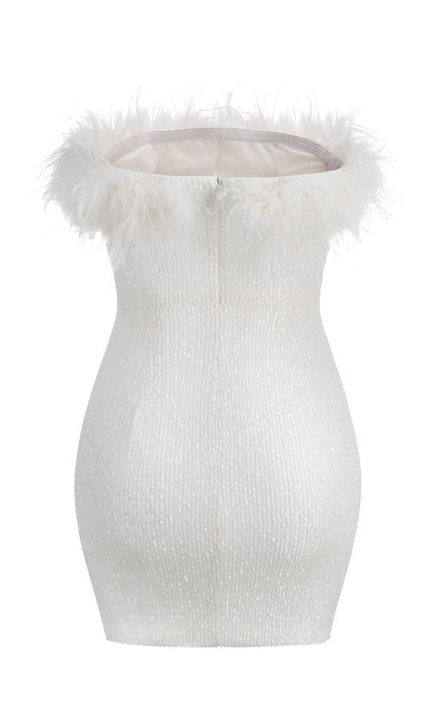 ELENA SEQUIN FEATHER MINI DRESS - WHITE