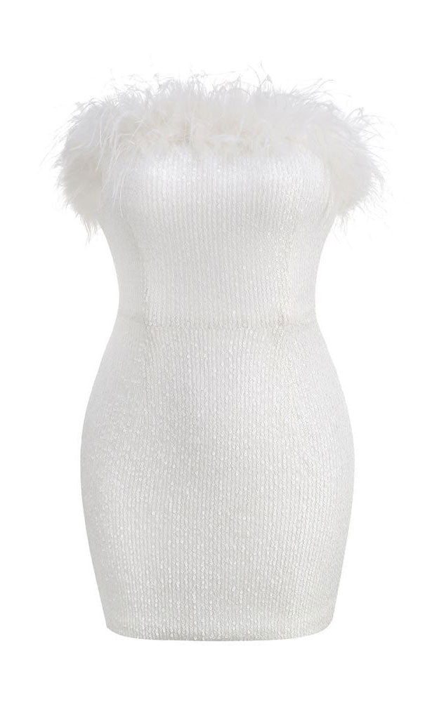 ELENA SEQUIN FEATHER MINI DRESS - WHITE