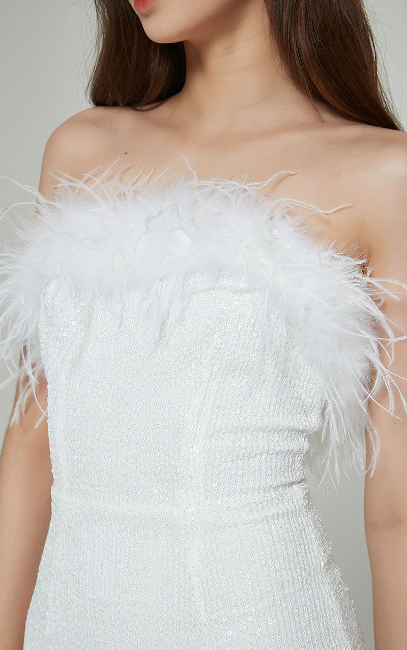 ELENA SEQUIN FEATHER MINI DRESS - WHITE