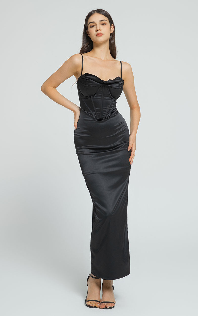 ELISE SATIN CORSET BODYCON MAXI DRESS - BLACK