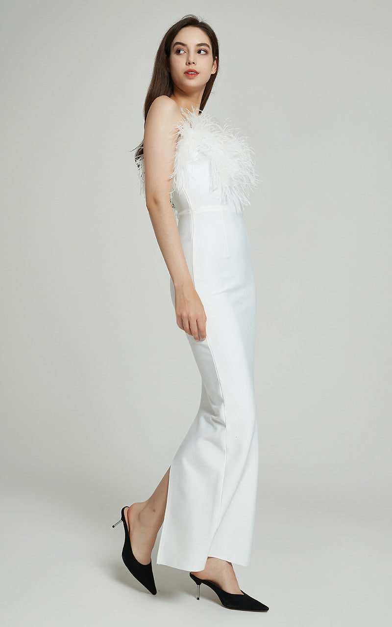 EMILIA FEATHER BANDAGE MAXI DRESS - WHITE