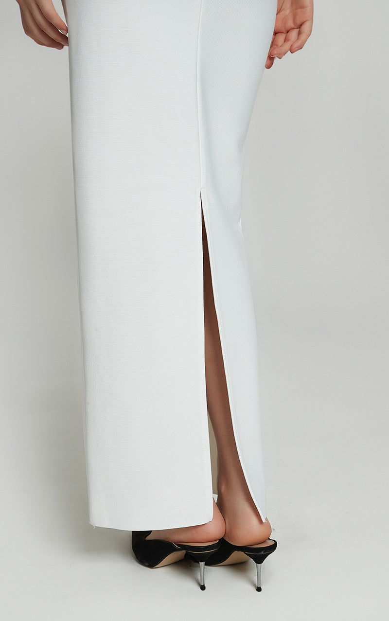 EMILIA FEATHER BANDAGE MAXI DRESS - WHITE