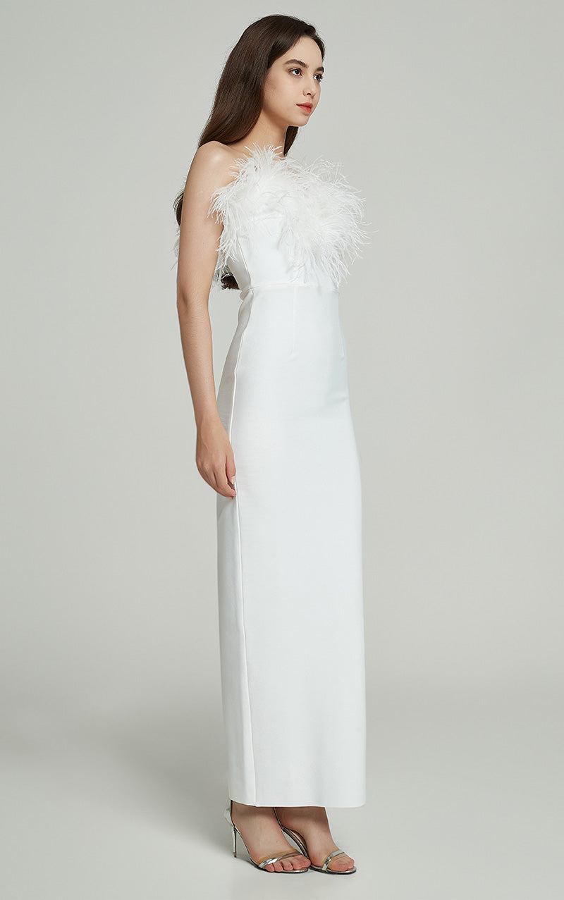 EMILIA FEATHER BANDAGE MAXI DRESS - WHITE