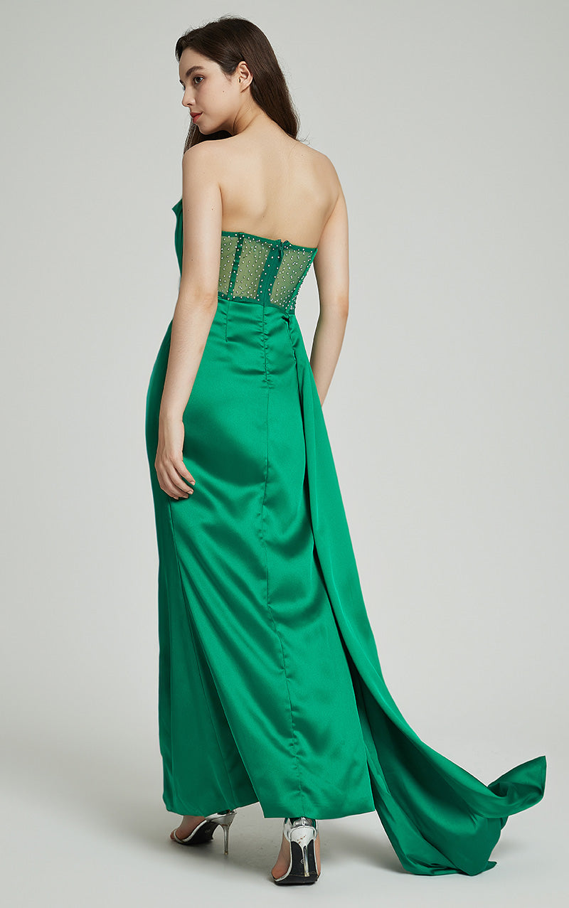 HERA CRYSTALLISED CORSET HIGH SLIT SATIN GOWN - GREEN