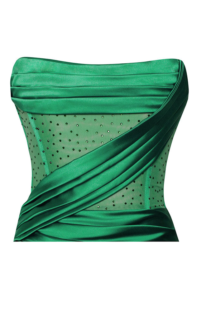 HERA CRYSTALLISED CORSET HIGH SLIT SATIN GOWN - GREEN