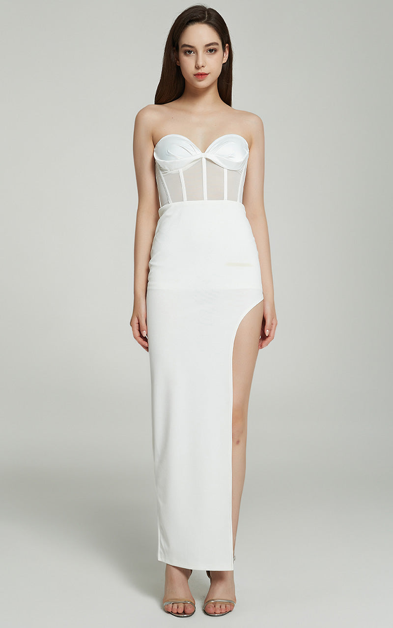 NATALIA CORSET HIGH SLIT SATIN MAXI GOWN - WHITE