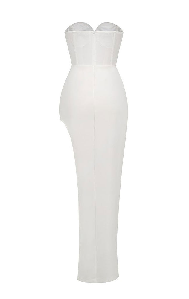 NATALIA CORSET HIGH SLIT SATIN MAXI GOWN - WHITE