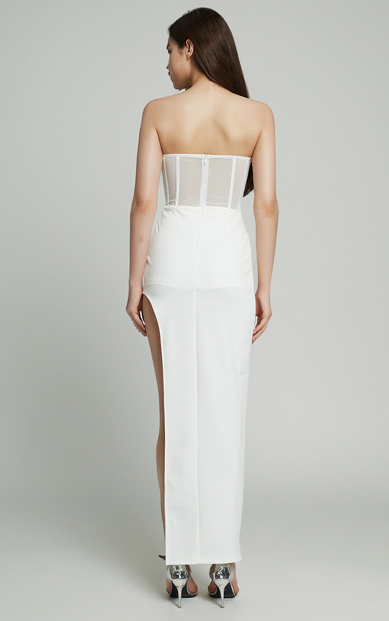 NATALIA CORSET HIGH SLIT SATIN MAXI GOWN - WHITE