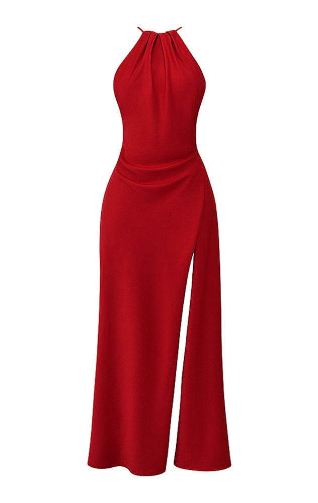 POLINA HALTER NECK HIGH SLIT MAXI DRESS - RED