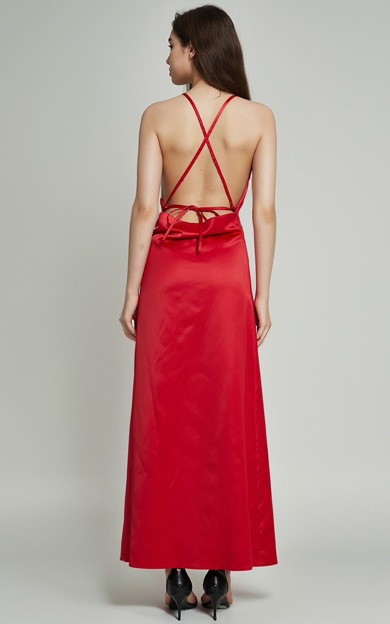 POLINA HALTER NECK HIGH SLIT MAXI DRESS - RED