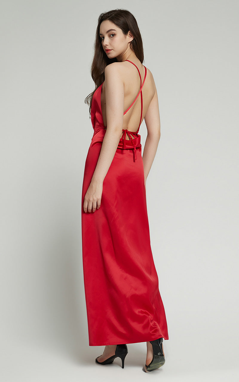 POLINA HALTER NECK HIGH SLIT MAXI DRESS - RED