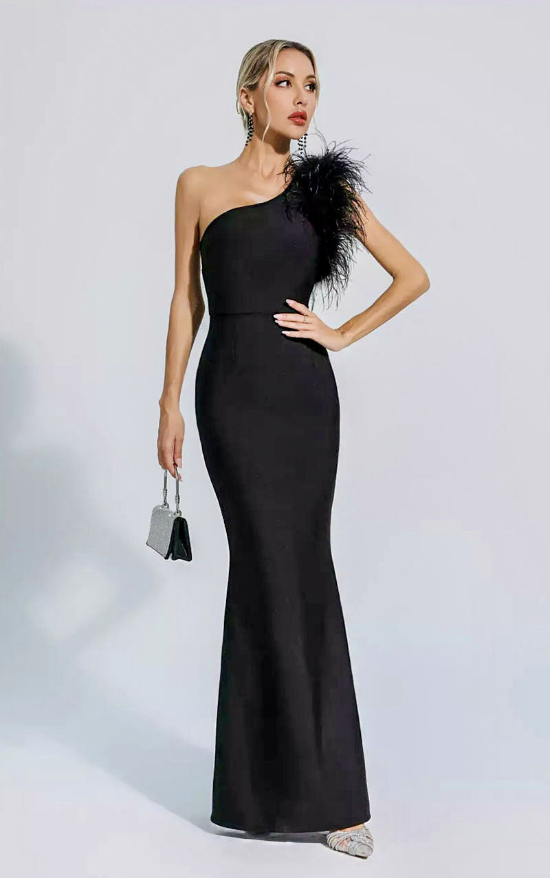 KIRA FEATHER ONE SHOULDER FEATHER MAXI DRESS