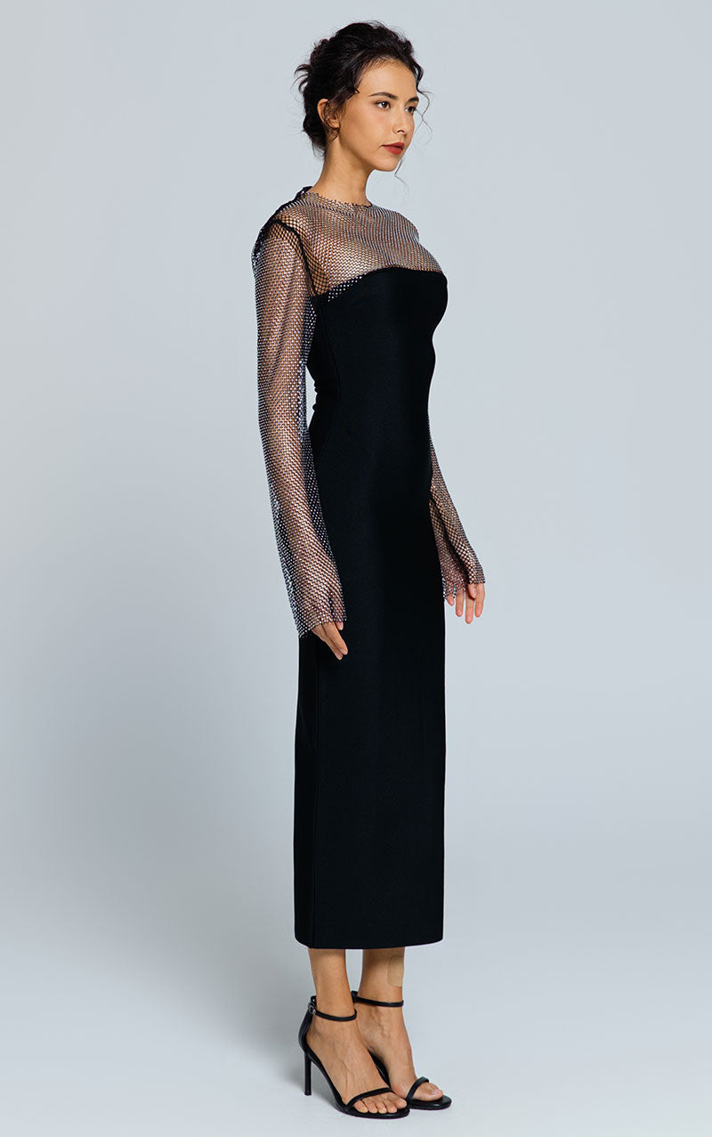 VALENTINA CRYSTAL MESH MAXI DRESS - BLACK