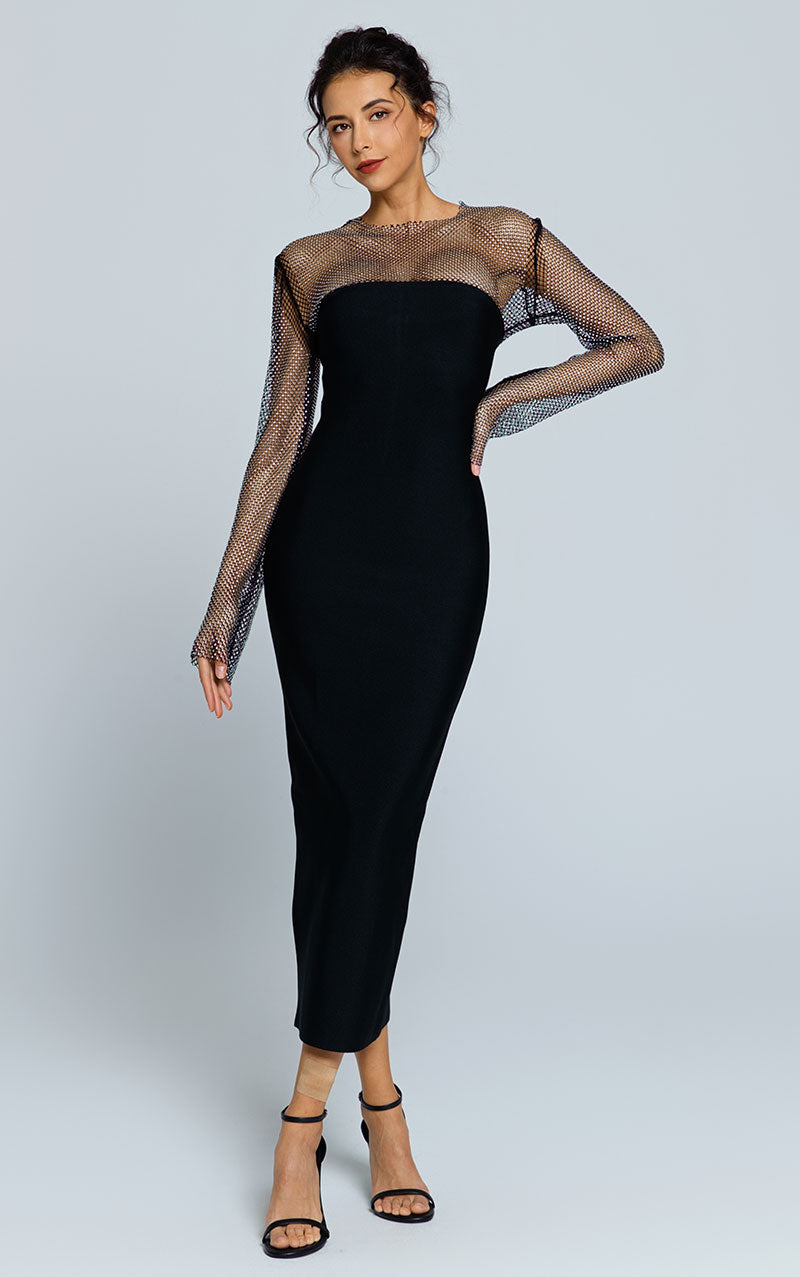 VALENTINA CRYSTAL MESH MAXI DRESS - BLACK